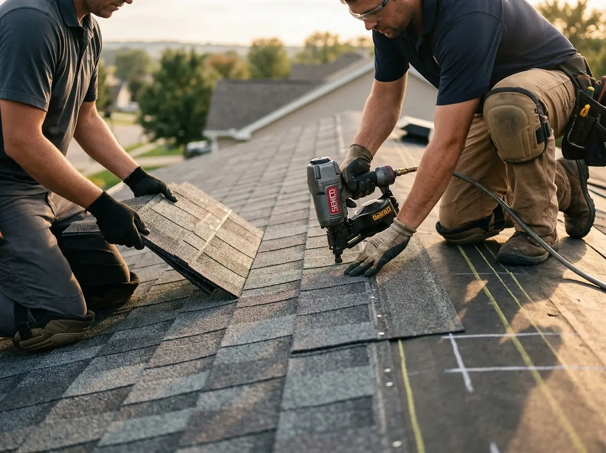 Professional roofer working on a residential roof in San Carlos